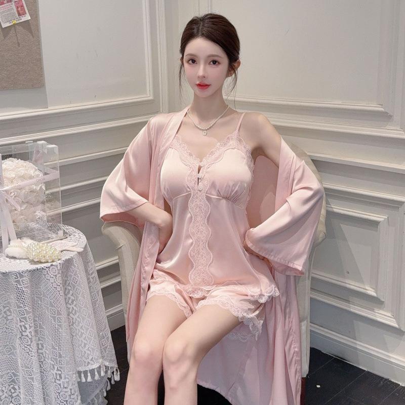 Новый женский летний комплект пижамы из трех предметов, ледяной шелк, тонкий, сексуальный, на бретелях, стиль чистой страсти, домашний костюм с нагрудной чашкой M