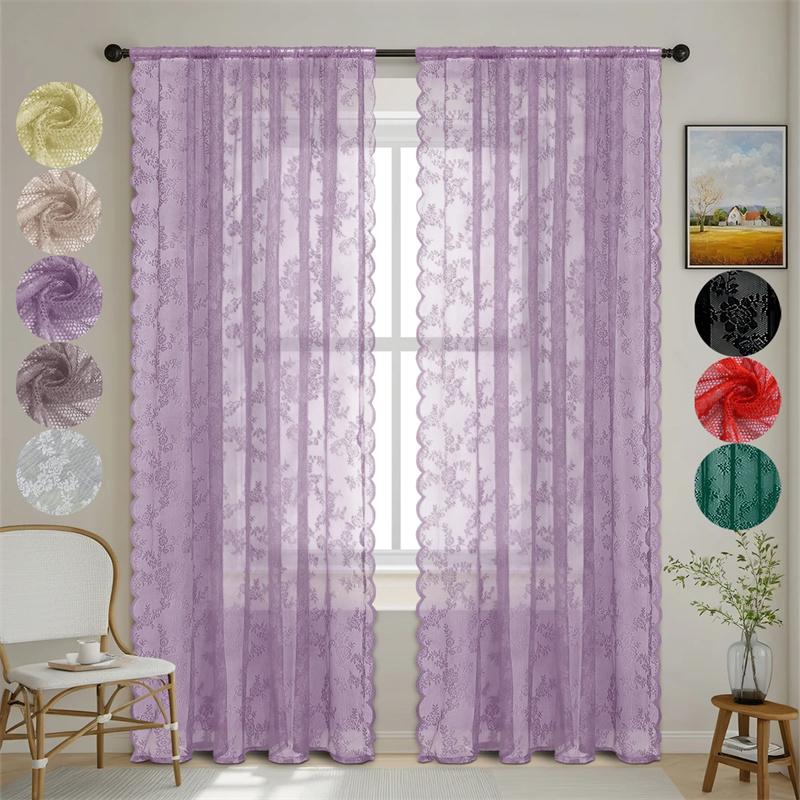 1 Panel Vintage Lace Curtains Rod Pocket Sheer Curtain Long-Romantic Flowers Branch Window Curtain for Living Room French Decor