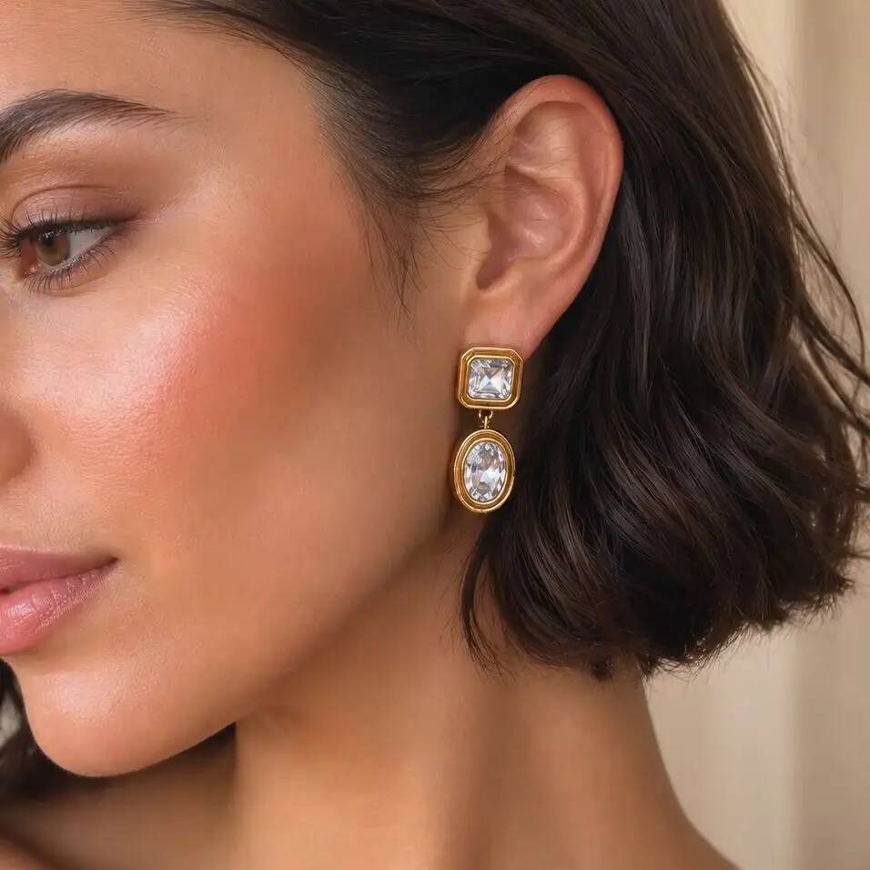 Salircon 2026 New Exquisite Shiny Big Rhinestones Stainless Steel Drop Earring Women 18K Gold Plated Square Oval Pendant Jewelry