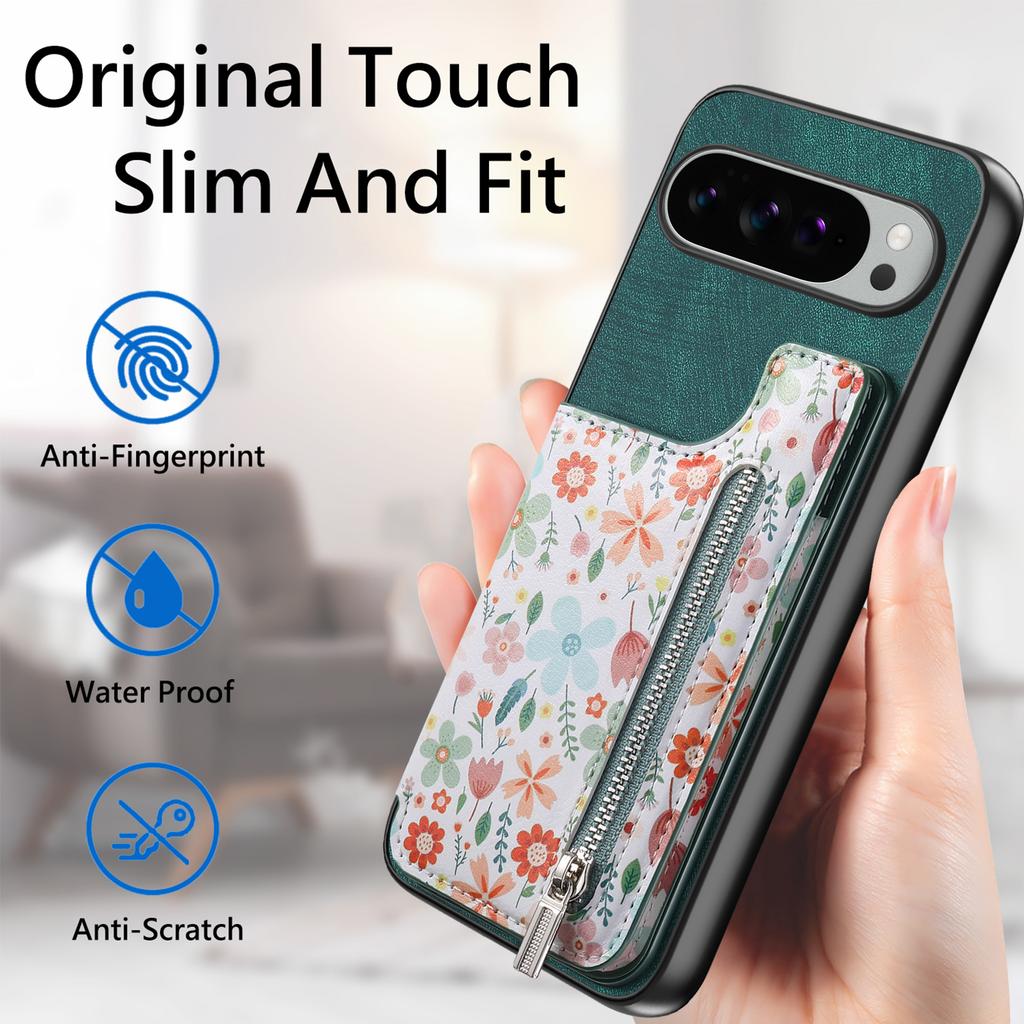 For Google Pixel 10 Pro XL Leather Phone Cover with RFID Blocking Zipper Card Bag Kickstand