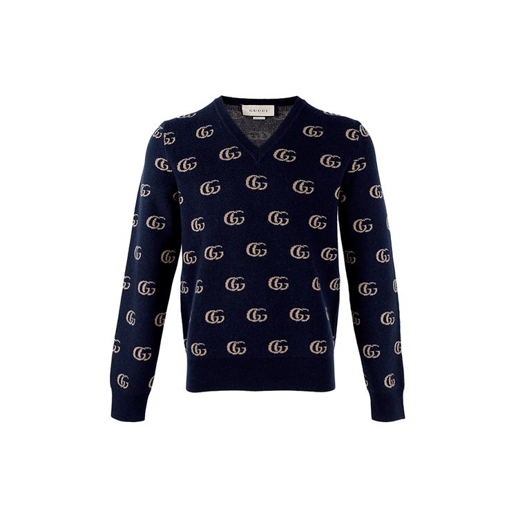 GUCCI Cashmere Sweaters Men's Dark Blue Crew Neck Moderate 655104-XKB3T4037