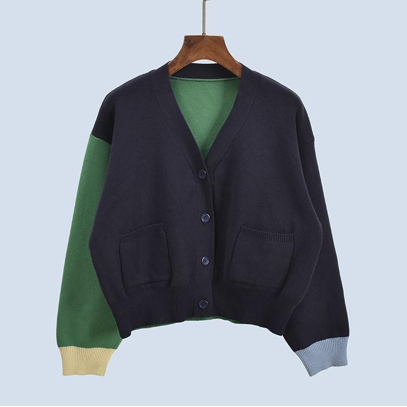 Loose Laid-Back Preppy Style Long Sleeves Retro Color-Block V Neck Knitting Outwear Female Spring Autumn Outerwear Slimming Sweater Cardigan