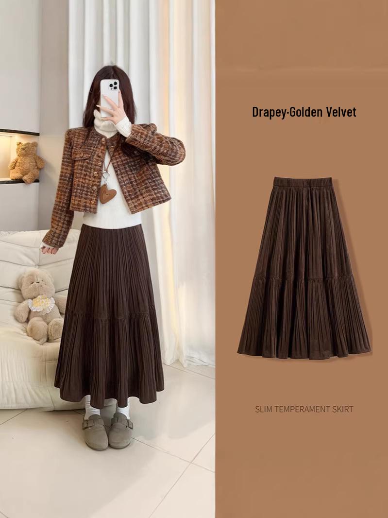 Gold Velvet Plus Size High Waist Layered A-line Pleated Skirt L