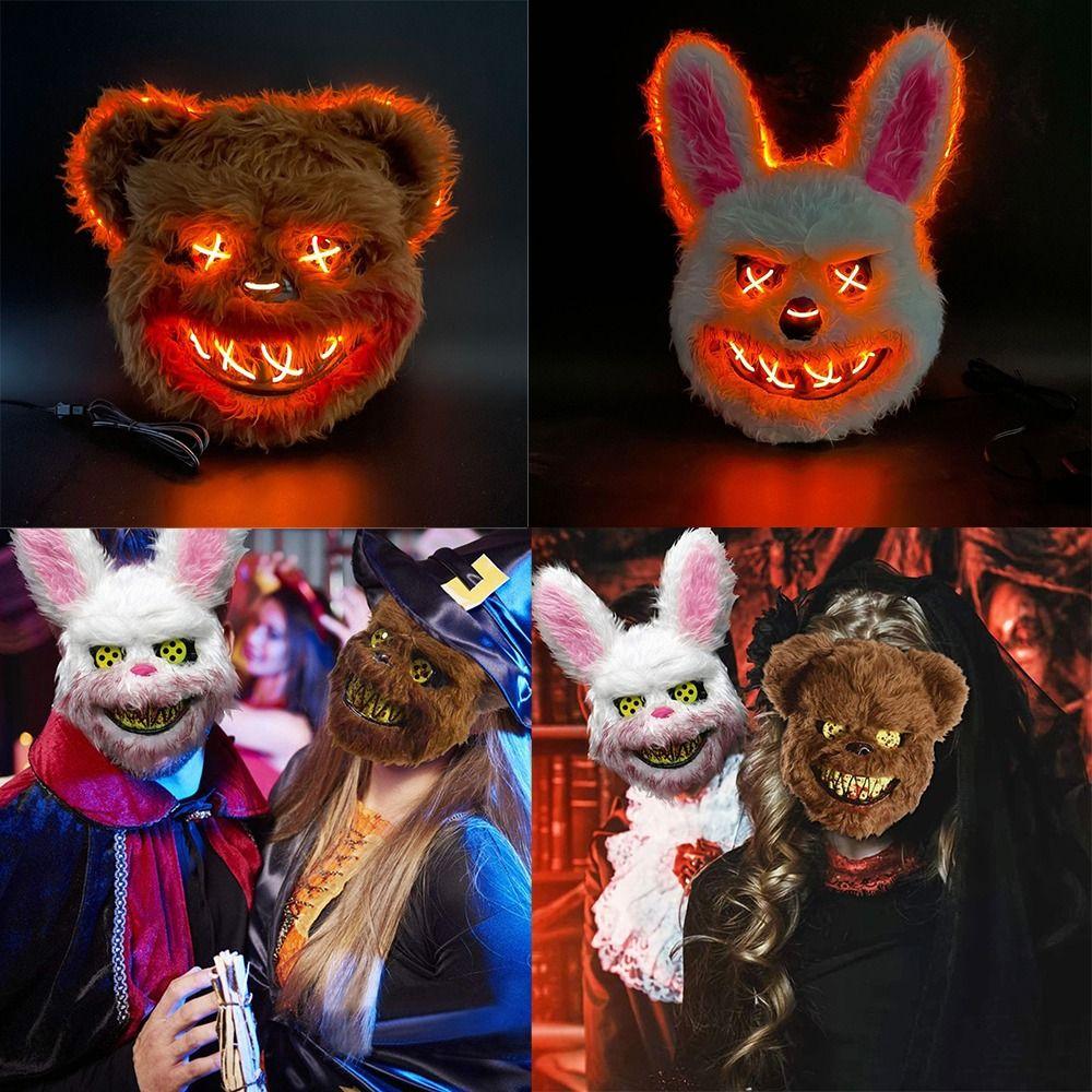 Cosplay Prop Halloween Horror Mask Bloody Rabbit Bear Festival Headgear Plush Bunny Mask Glowing Plastic Bloody Bear Mask