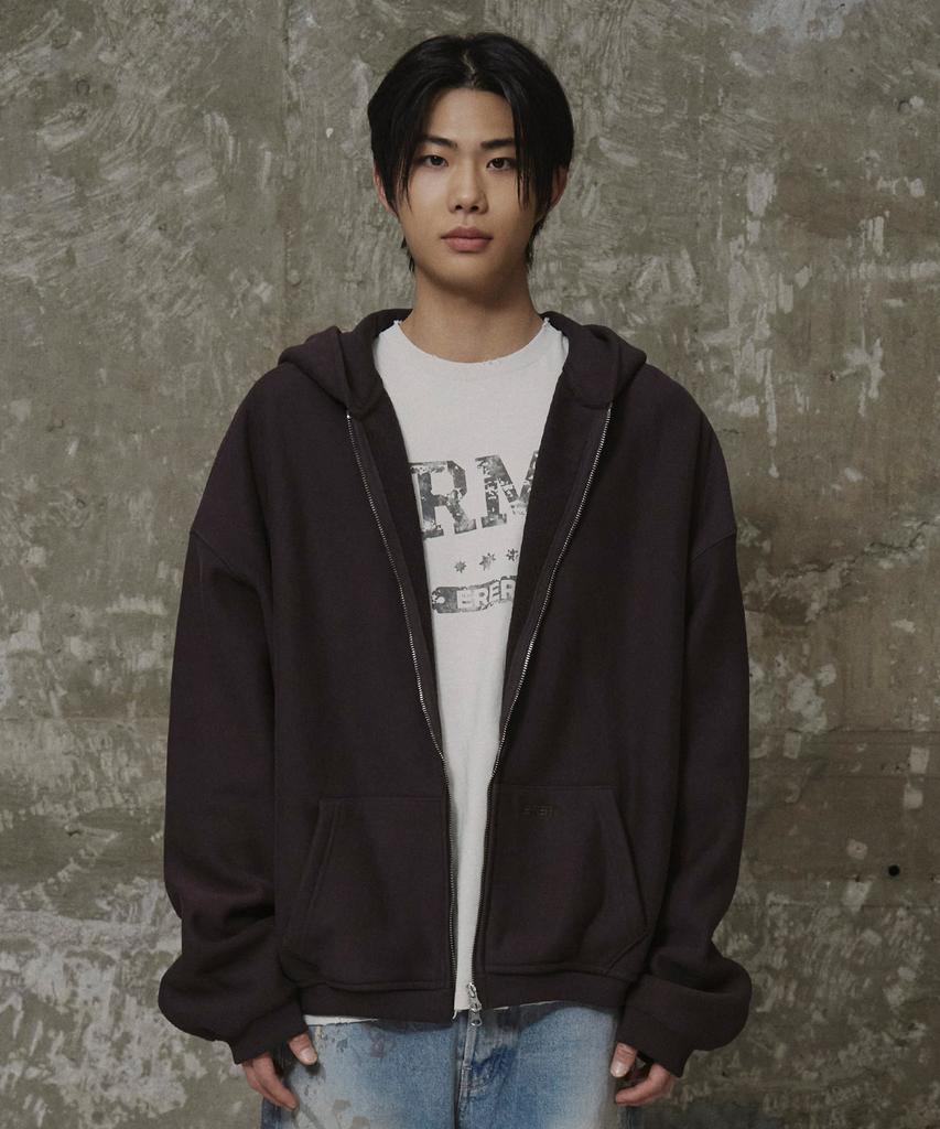 Erer Men Oversized Sweat Hoodie Zip-Up Brown