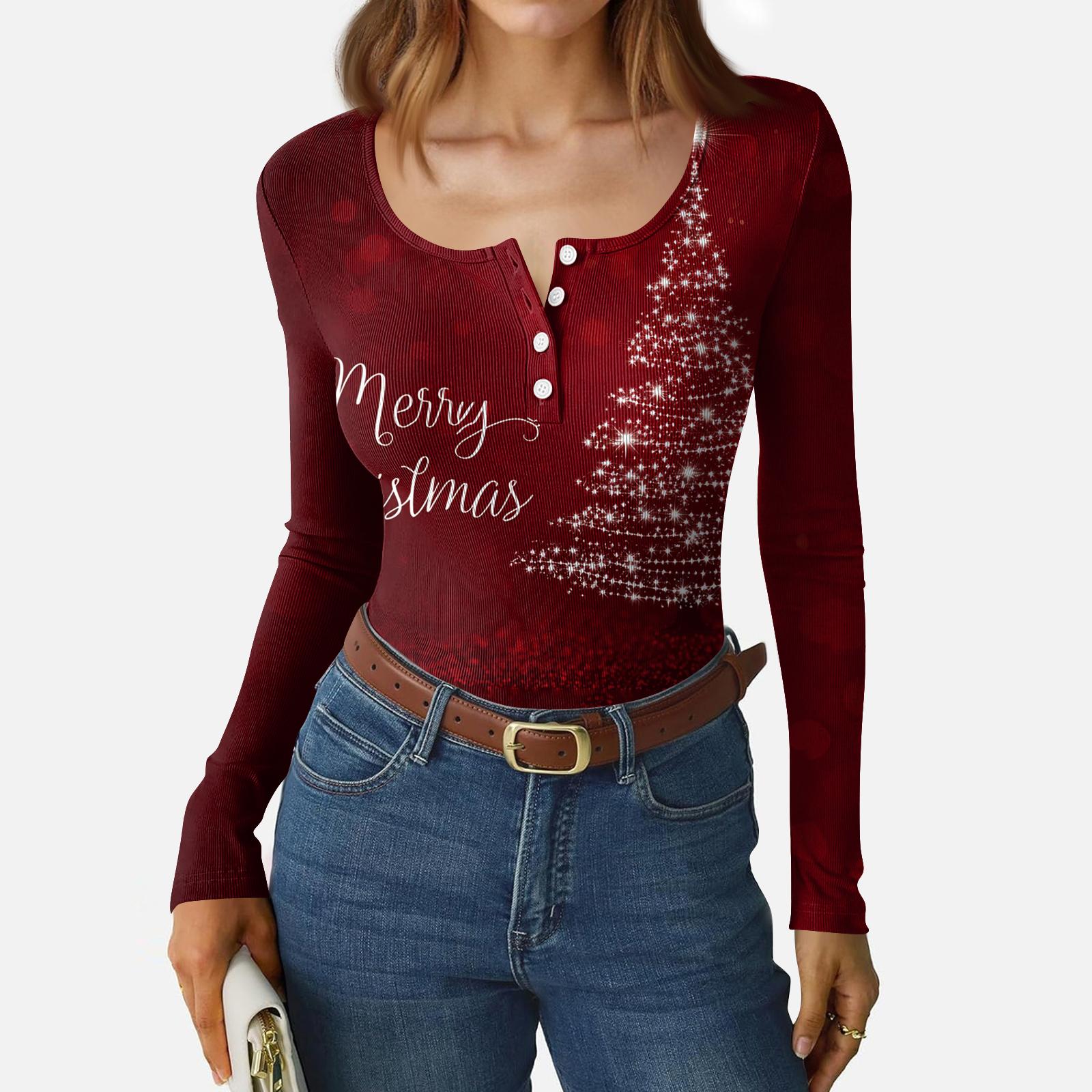 

Женский повседневный модный топ с длинными рукавами на пуговицах и рождественским принтом XL