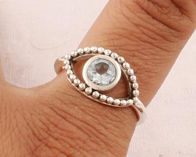 Solid 925 Sterling Silver Blue Topaz Gemstone Boho Designer Evil Eye Birthstone Gift Wedding Ring Jewelry