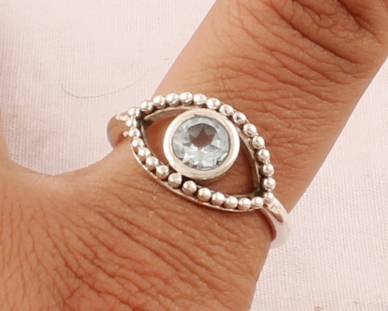 Solid 925 Sterling Silver Blue Topaz Gemstone Boho Designer Evil Eye Birthstone Gift Wedding Ring Jewelry