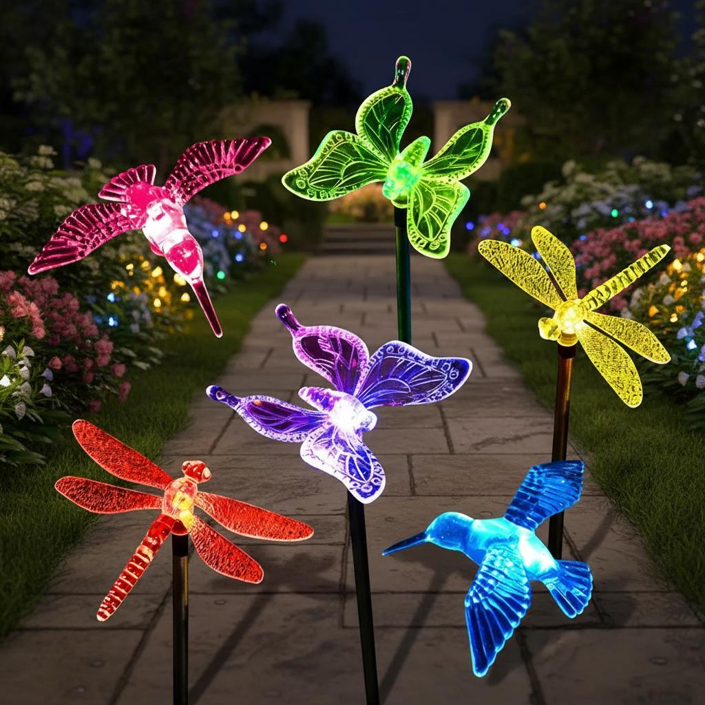 Solar Garden Decorative LED Lawn Light Dragonfly Butterfly Hummingbird Animal Shape Pastoral Design Ground Stake Outdoor