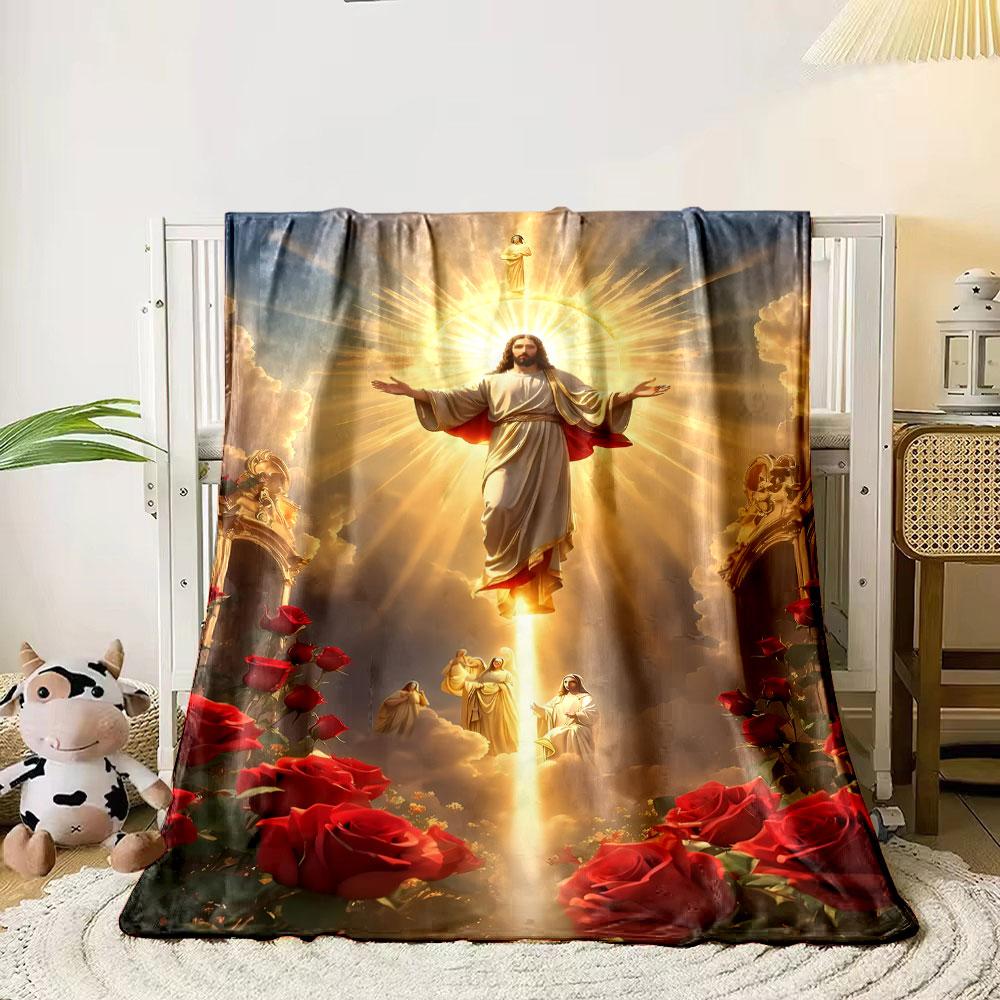 Jesus Roses Halo Blanket  Printed Blanket for Living Room Bed Couch lunch break Soft Cozy Blanket for Friend's festival Gift