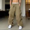 Men Baggy Cargo Pants Solid Color Parachute Pants Loose Fit Jogger Trousers with Side Pockets for Street Outdoor Sports