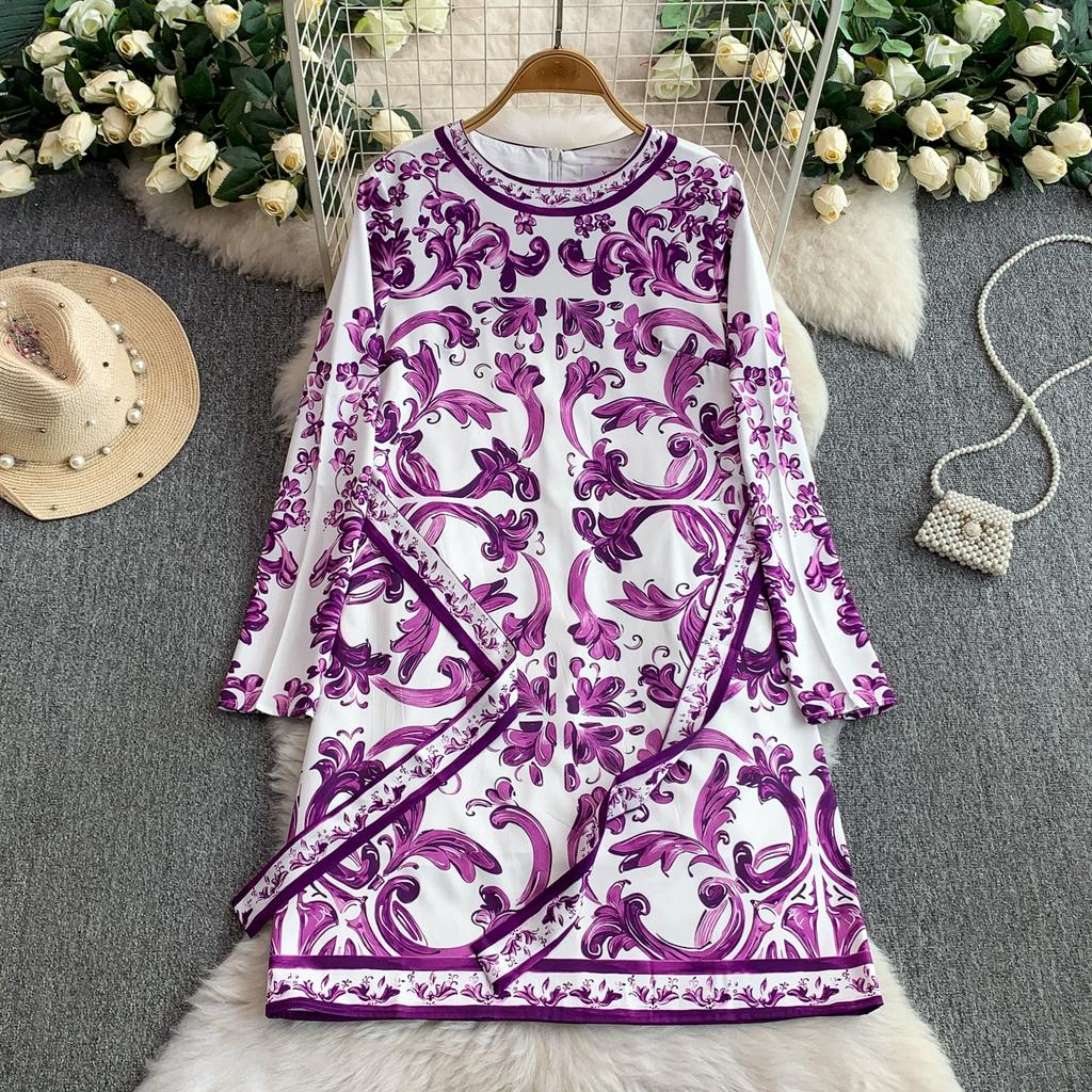 Spring Autumn Women Vintage Blue and White Porcelain Print Designer Runway Dress Full Sleeve Knee Length Party Dresses