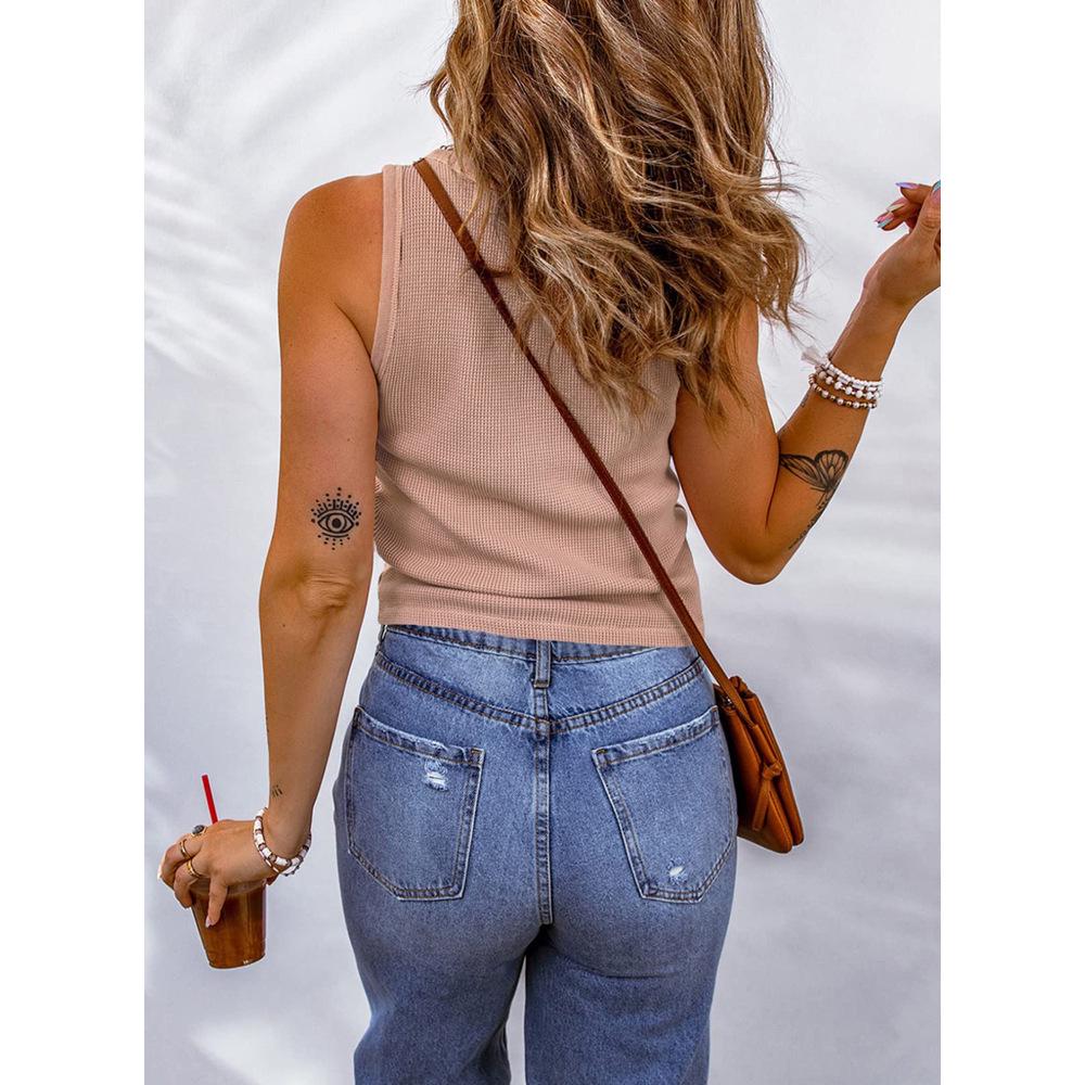2023 Women's Spring & Autumn Vest: Comfortable Casual Solid Color U-Neck T-Shirt