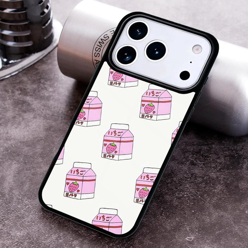 Kawaii Japanese Strawberry Milk Drink Bottle Phone Case for iPhone 17 16 15 Pro Max Air 14 13 12 11 Plus Shockproof Cover