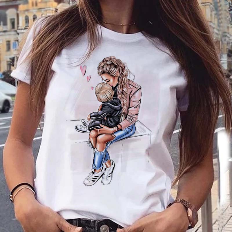 Camiseta feminina desenho animado mãe filha filho estampa senhora camisetas manga curta tops feminino kawaii gráfico camiseta feminina roupa