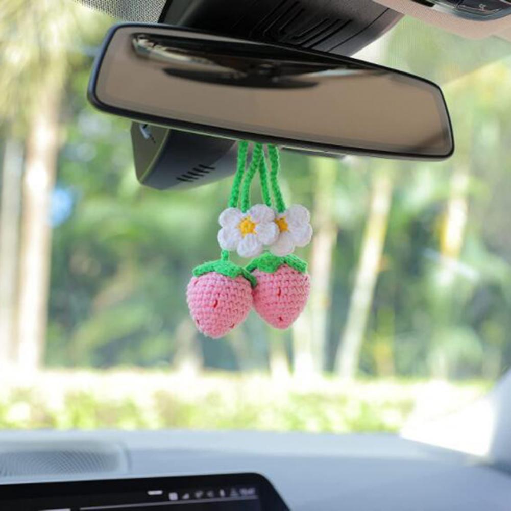 Car Decoration Pendant Handmade Strawberry Crochet Car Mirror Hanging Charms Rearview Decorations for A Cute Charming Touch Car