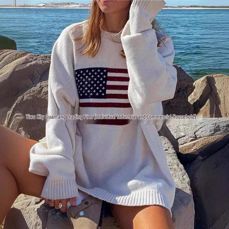 Women's Long Sleeve Retro Flag Knit Sweater - European & American Style