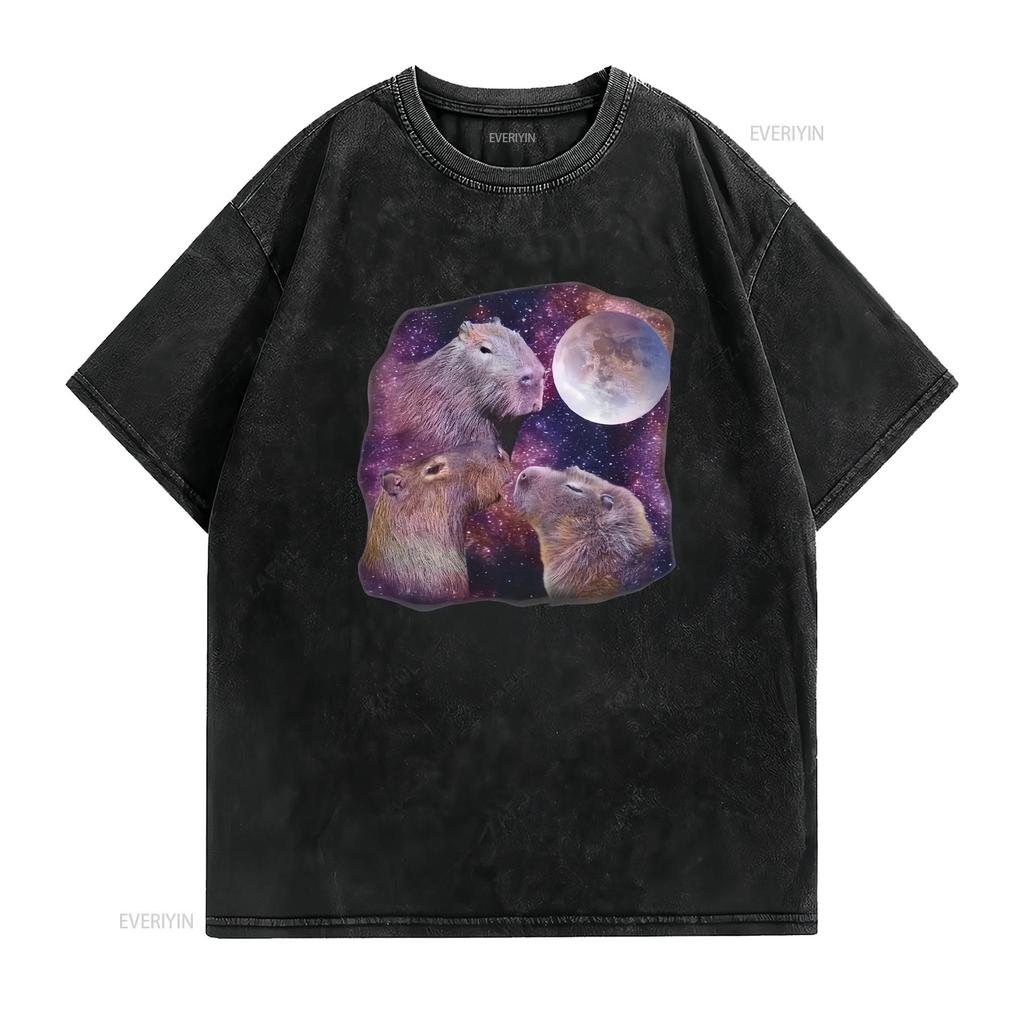 Capybara T Shirt Three Capybaras Moon Rodent Lovers Vintage Washed Homme Unisex Fashion Slightly Top For Everyday Wear
