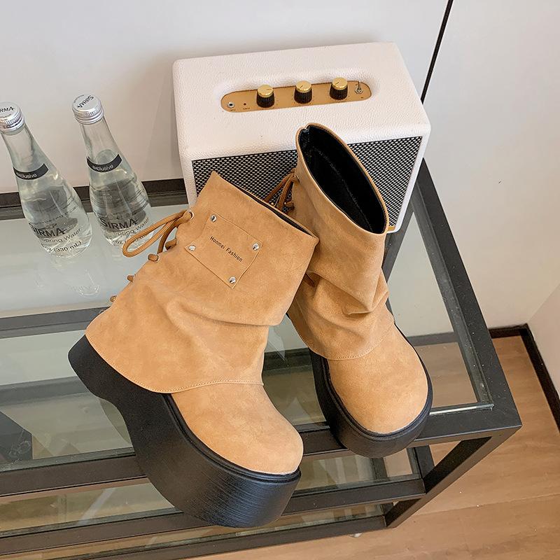 

Женские короткие ботинки на толстой подошве с увеличением роста, новая осень 2025 года, универсальные и тонкие ботинки, маленькие, с характером, высококлассные ботинки Мартин 40 хаки