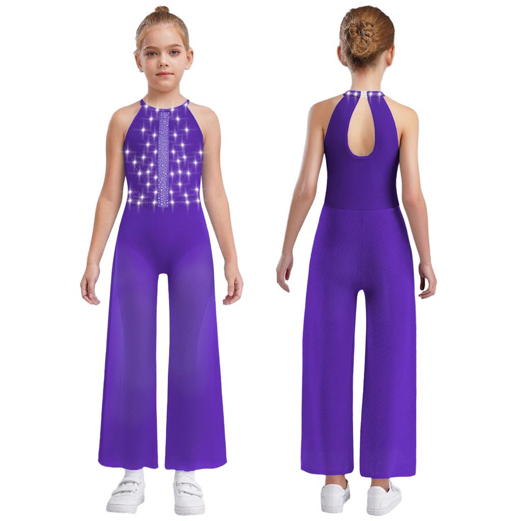 Girls Rhinestone Dance Bodysuit - Shimmery Sleeveless Jumpsuit with Keyhole Back & Side Splits, Built-in Briefs for Performances