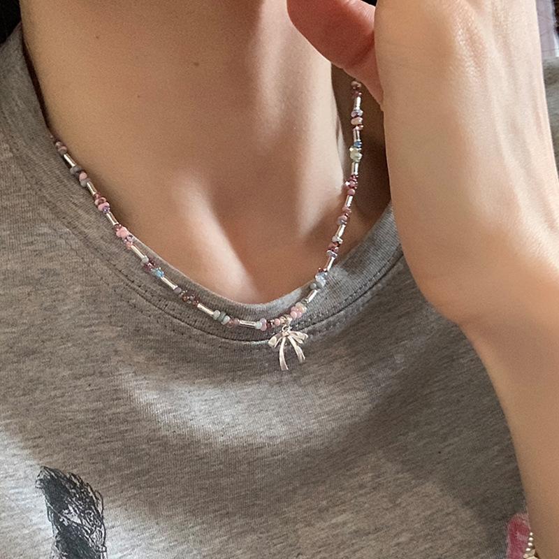 Sweet Colorful Crystal Bead Bow Necklace for Women Girls Bohemian Handmade Beads Chain Choker Necklace Fashion Jewelry Gifts