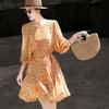 Lanseer Elegant Chiffon Printed Waist-Tie Short Dress