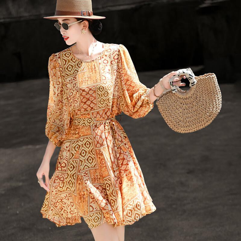 Lanseer Elegant Chiffon Printed Waist-Tie Short Dress
