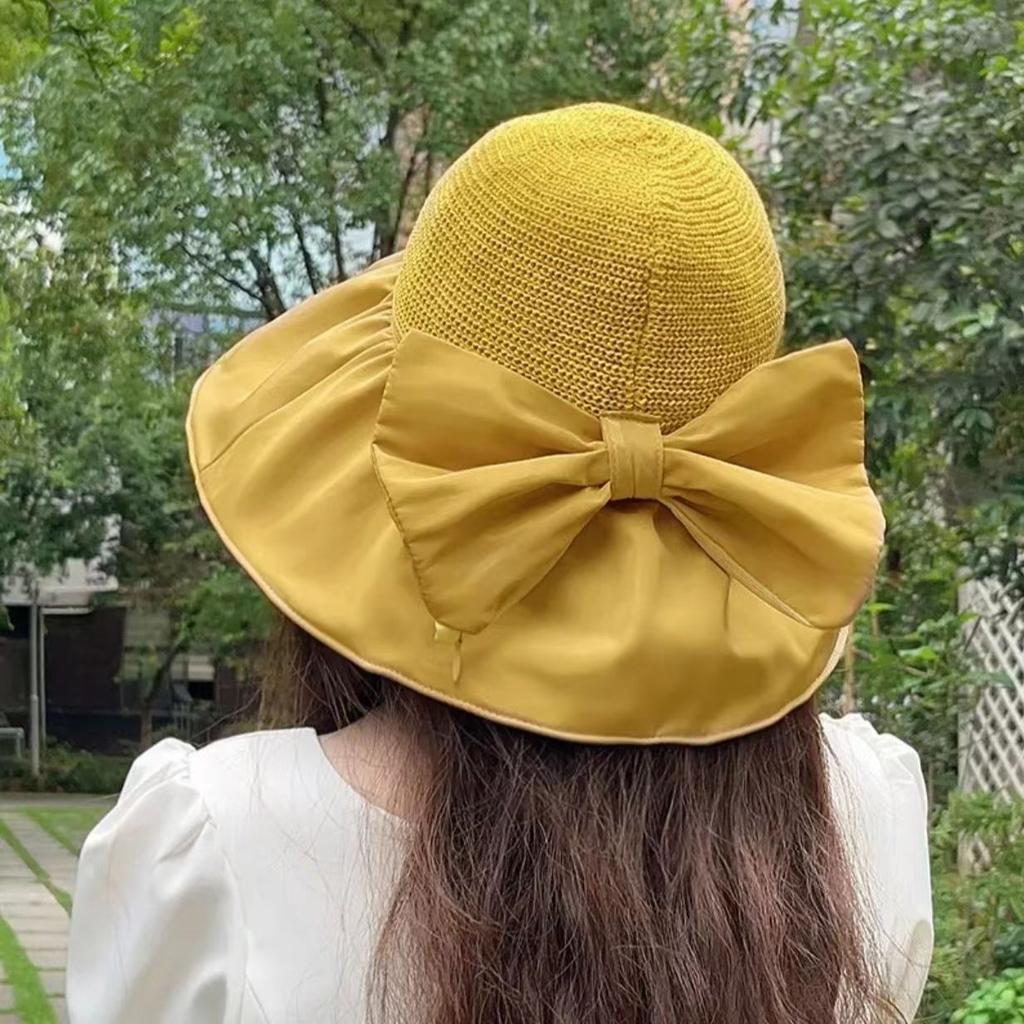 Summer Female Daisy Lace Bow Straw Hat Big Brim Sunshade Sunscreen Hat Fashionable Versatile Bucket Hat