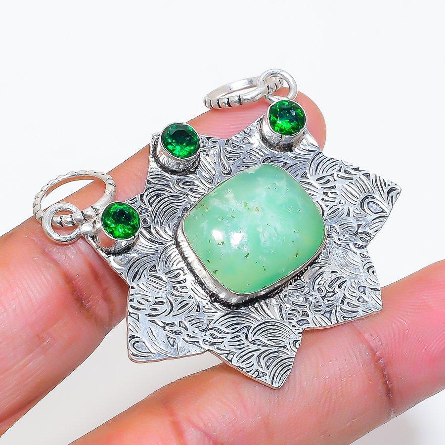 Natural Chrysoprase, Diopside 925 Sterling Silver Jewelry Pendant 1.58" ZS-661