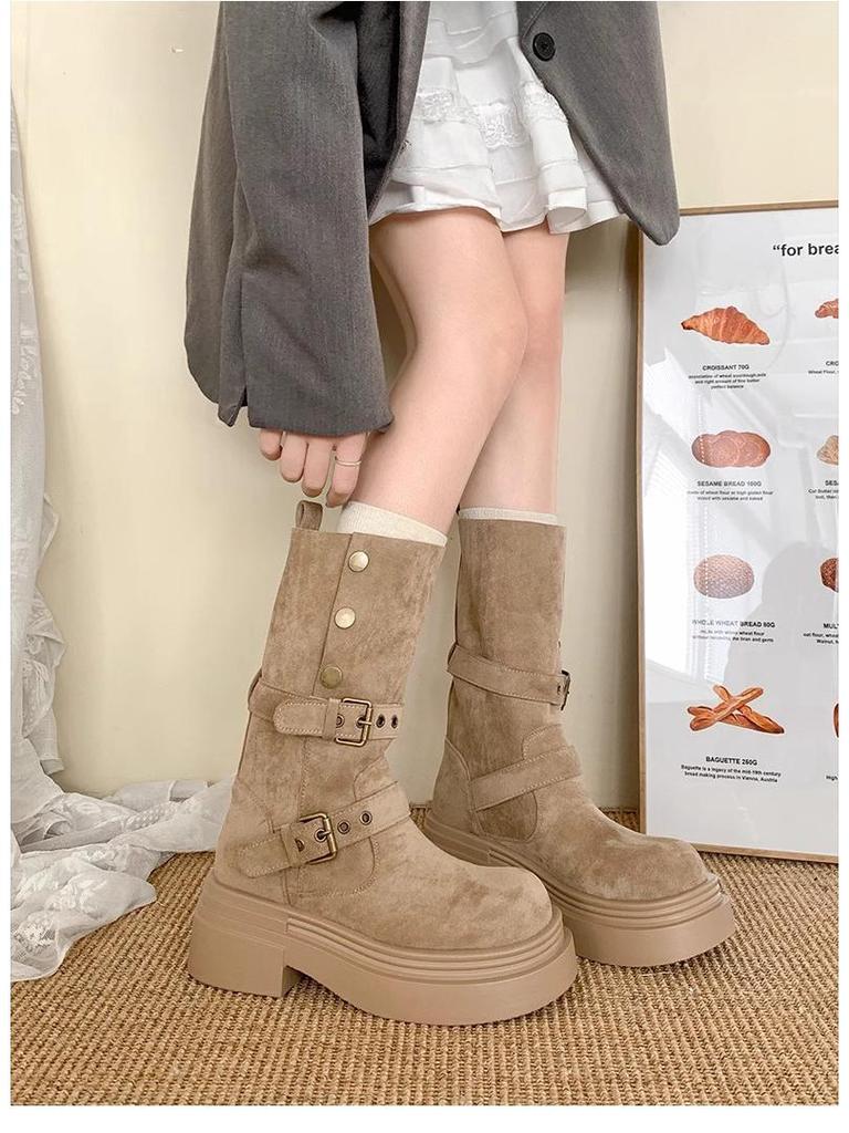 Women's Khaki Ankle Boots with Thick Sole, Chunky Heel, Elastic Slimming Fit, and Two-Way Wear for Spring