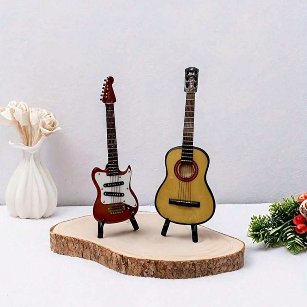 1pc Miniature Guitar Model, Wooden Guitar Home Decor, Electric Guitar Instrument Toy With Separate Stand, Dollhouse Decor