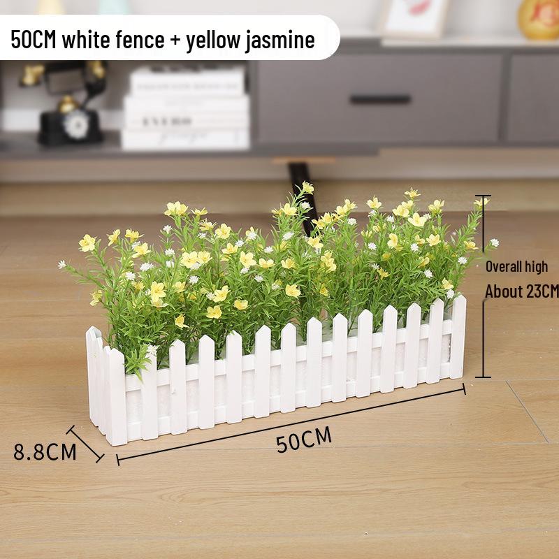 Silk Flower Pot with Wood Fence: Decorative Bonsai for Living Room or Office.