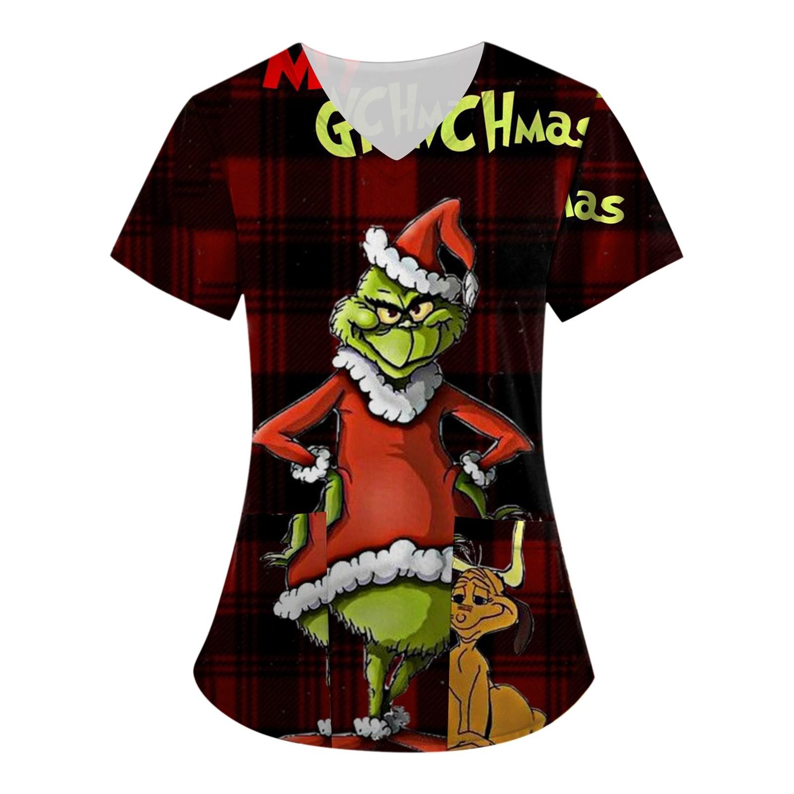 

Женская мода с рождественским принтом и короткими рукавами с v-образным вырезом, маленькая рабочая футболка с карманами L