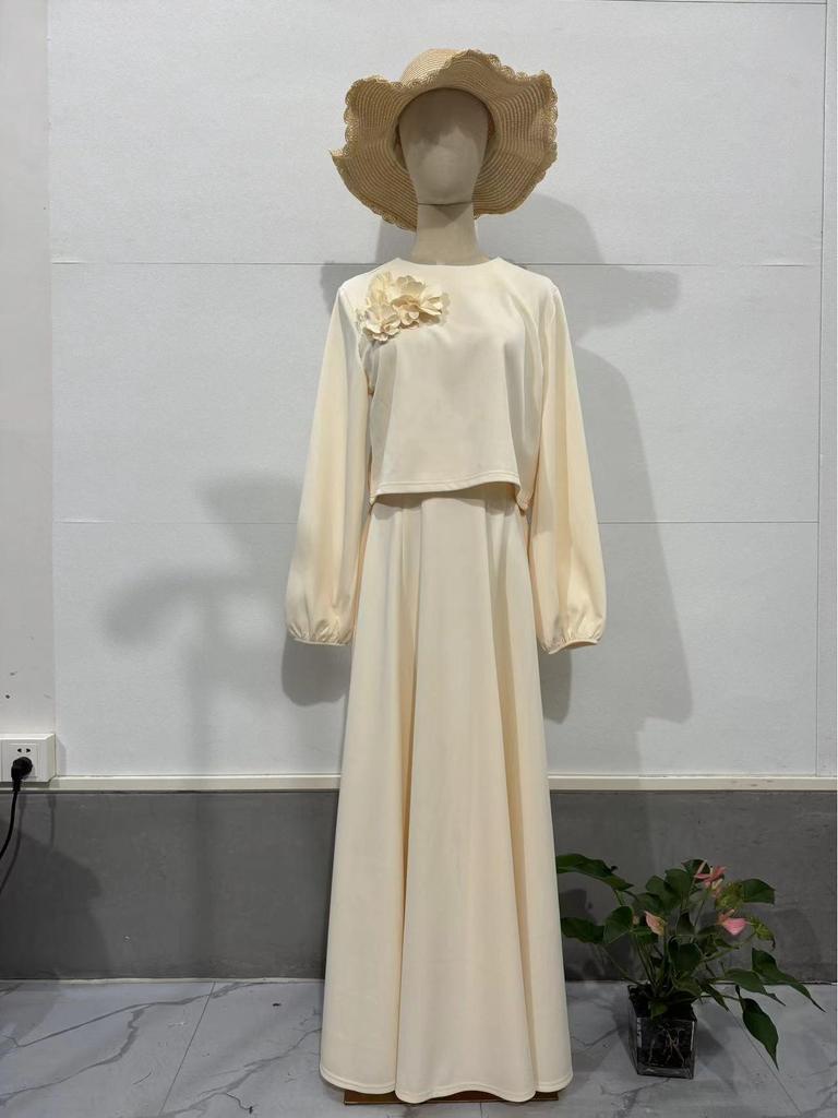 Autumn  Dubai Floral Lantern Sleeve Loose Dress & Skirt Set for Women