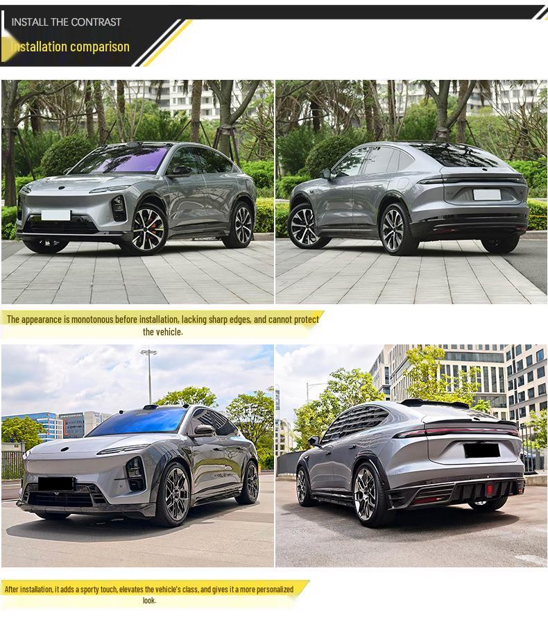 Compatible with 25 NIO EC6 models, the Pluto kit includes a front lip with lights, rear lip, rear spoiler, top spoiler, wheel arches, and side skirts.
