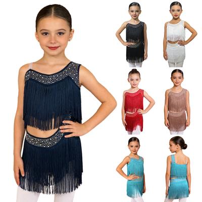 Mädchen Fransen Latin Tanzkleid Glitzernde Strasssteine Cutout Asymmetrischer Saum für Cha-Cha Rumba Wettbewerb Aufführung