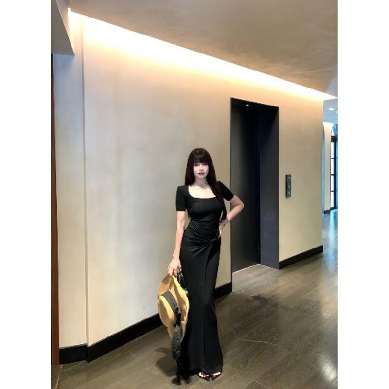 Kumikumi High-Grade Square Collar Knot Short sleeve Dress Women Summer Elegant All-Match Slimming Hip Skirt Long dress