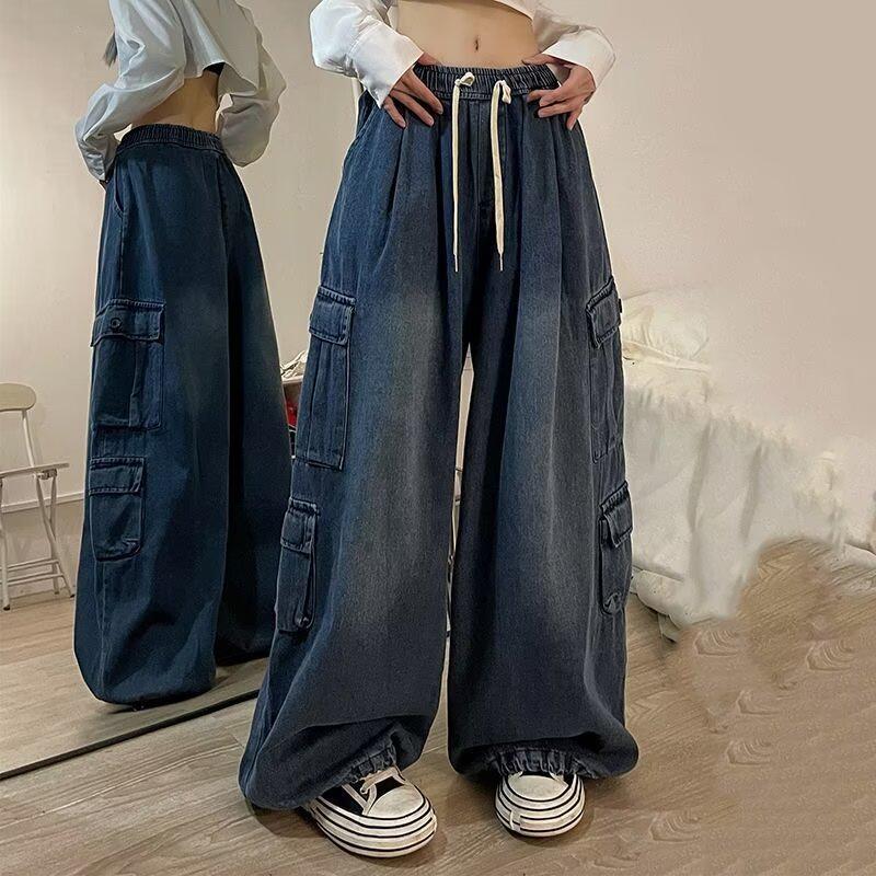 

Chinese Street Trend Hip-Hop Straight-Leg Cargo Jeans: Retro Loose Wide-Leg Mid-High Waist Casual Pants L синий