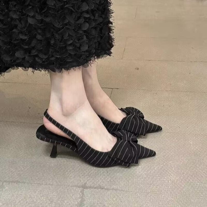 

Fashion Striped Bow Design High Heels Women Sexy Pointed Toe Slingbacks Heeled Sandals Summer Comfort Elegant Women Pumps Office Shoes 35 чёрный