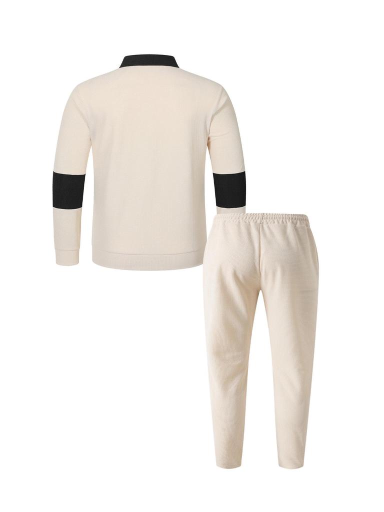 2025 Men's Autumn Waffle Sweatshirt & Pants Set - Casual Long Sleeve Lapel Design