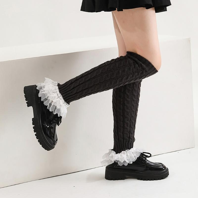 Cable Knit Leg Warmers Knee Length Socks Japanese Women Sweet Layered Ruffled Lace Trim Boot Cuffs Leg Covers Stockings