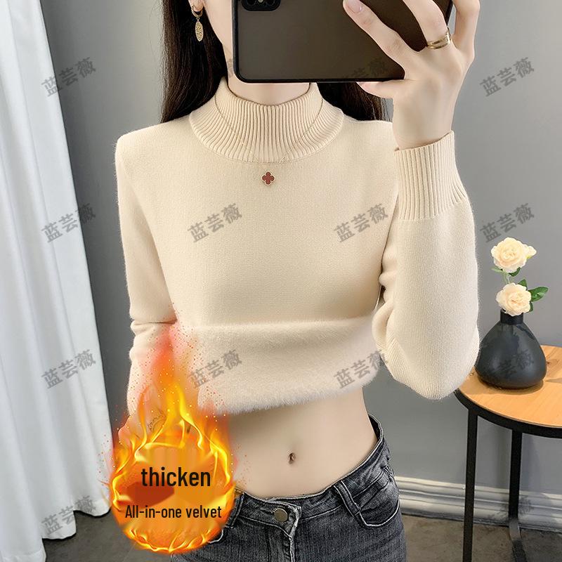 Women's 2025 Autumn Winter Plus Size Half-High Collar Velvet Knit Sweater