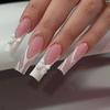 24Pcs White French Tip False Nails Long Ballerina Coffin Shape With Butterfly And Pearl Decor Full Cover Press On Nail Tips