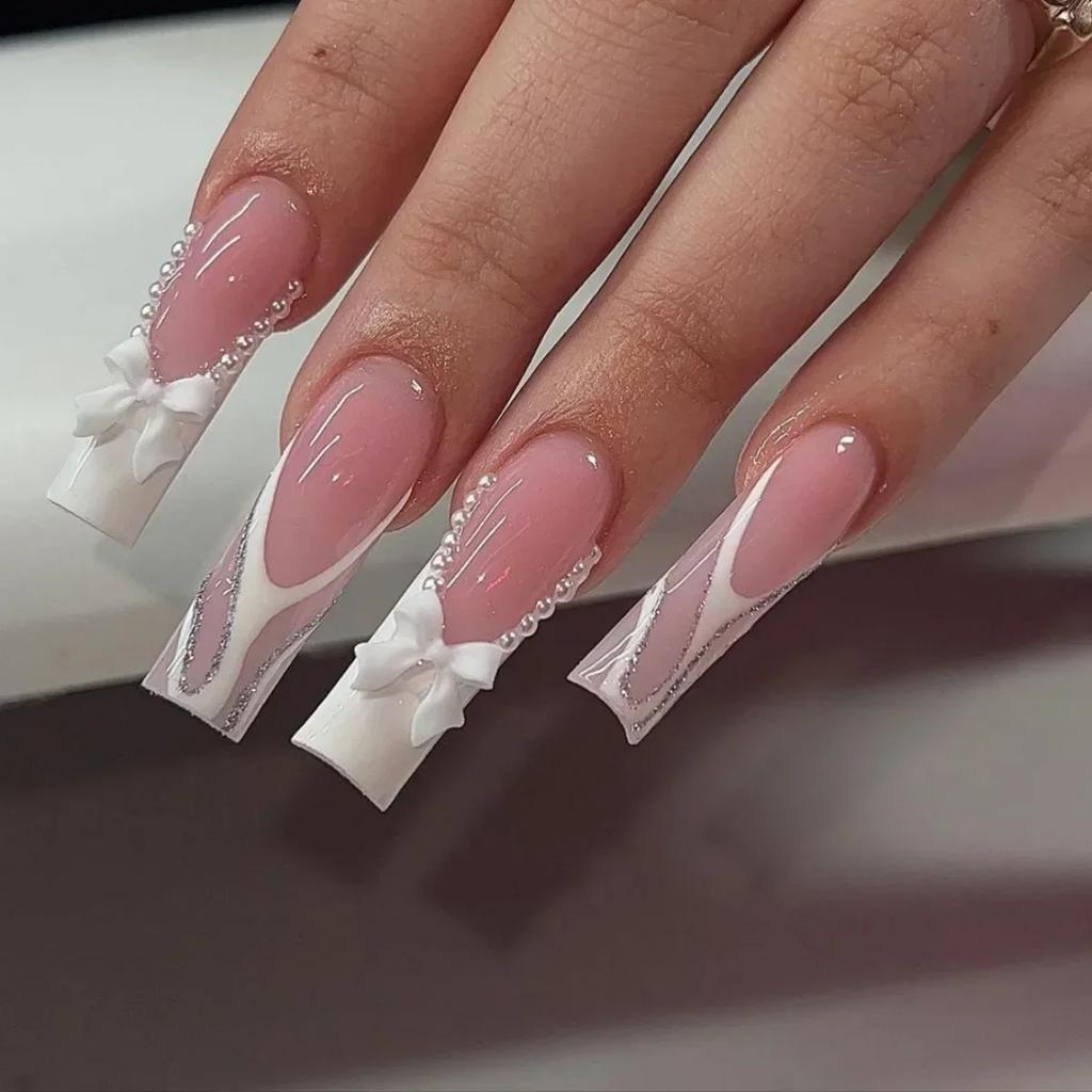 24Pcs White French Tip False Nails Long Ballerina Coffin Shape With Butterfly And Pearl Decor Full Cover Press On Nail Tips
