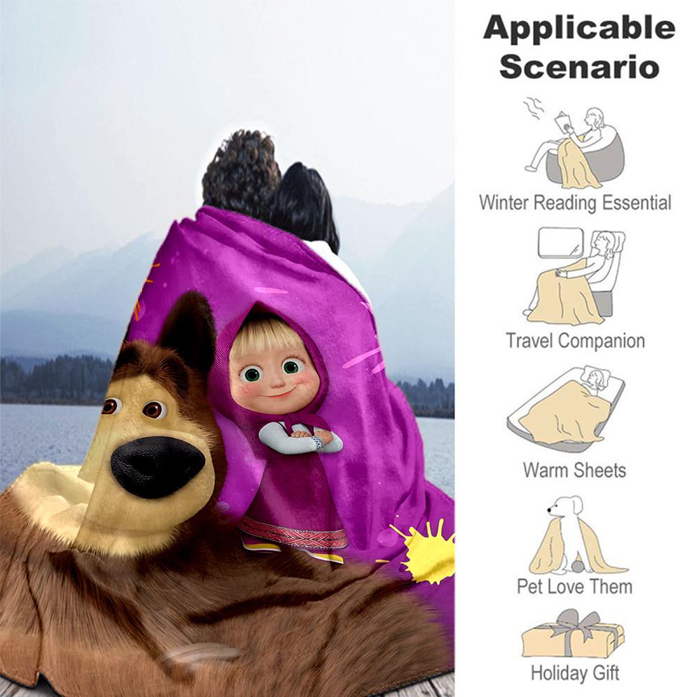 1pc Masha Oso Manta de Exterior Ligera de Franela, Suave y Cálida, Uso en Todas las Estaciones para Sofá, Exterior, Camping, Sala de Estar, Oficina055