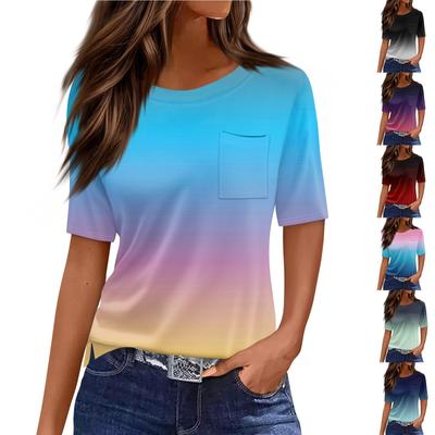 T Shirts For Women Pleated Round Neck Dressy Casual Blouses Printing Short Sleeve Summer Tops Loose Fit