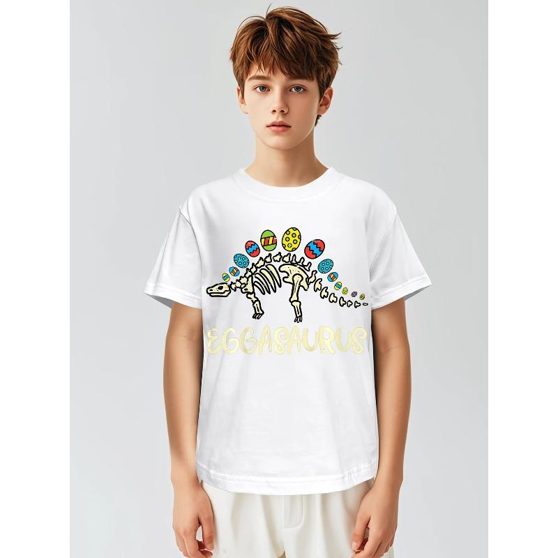 

European Size Boy and Girl Dinosaur Cartoon Pattern Printed Short Sleeved T Shirt Round Neck Regular Fit Suitable for All Seasons Retro Style 164cm білий