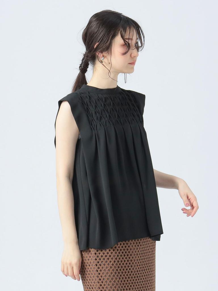 Beams Heart Smocking French One Size Women's S/S Blouse, Black,
