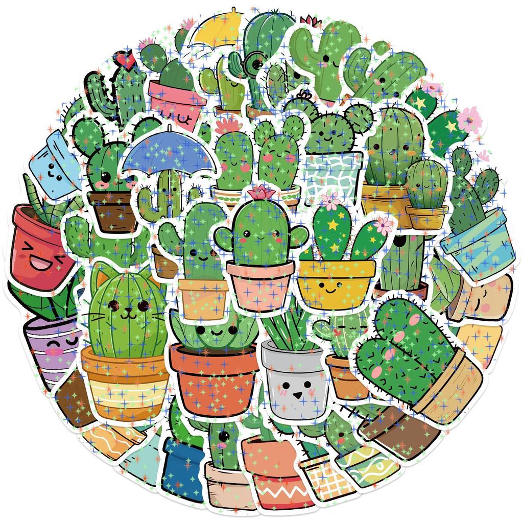 50PCS Cute Plants Cactus Graffiti Star Film Glitter Stickers Kid Toys Laptop Mobile Luggage Scrapbook Skateboard Creative Sticke