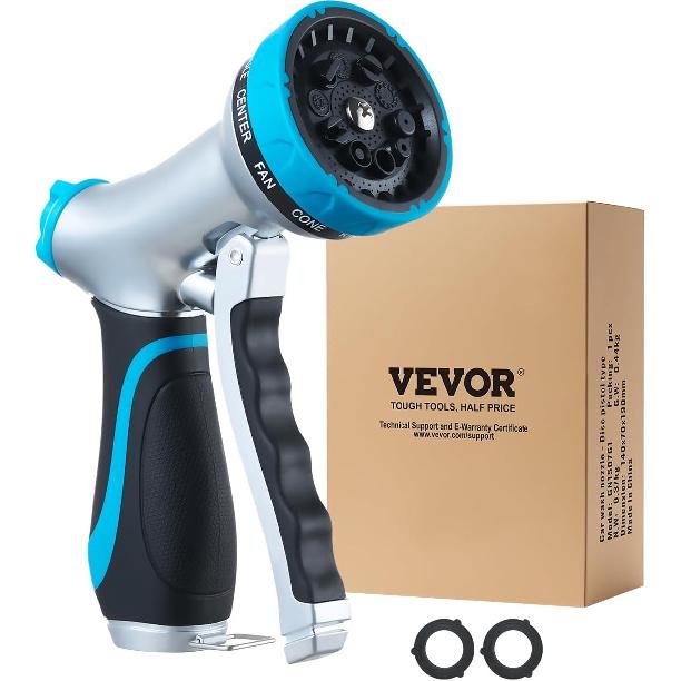 VEVOR Hose Nozzle, 10 Adjustable Spray Patterns, Metal Water Nozzle with Comfortable Ergonomic Grip, Garden Nozzle Sprayer with Flow Control for